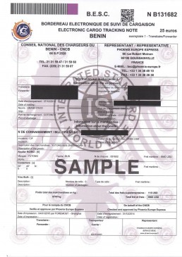 贝宁BESC电子货物跟踪单 证书样本